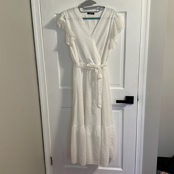 BTFBM Women Bohemian Floral Wrap V Neck Ruffle Belt A-Line Midi Dress White LG - Picture 3 of 9